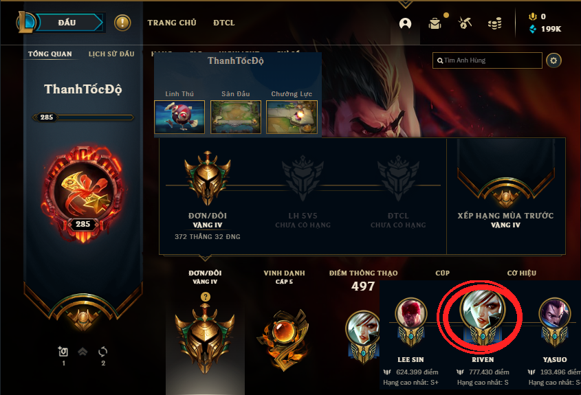 Acc LMHT # Dư 200k TInh hao lam , 700k thông thạo riven - Khung Vàng